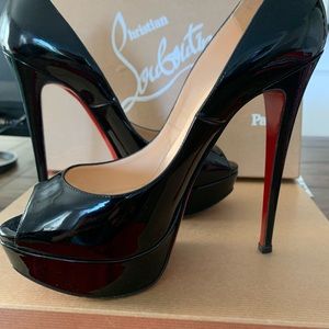 Christian Louboutin Black Patent Leather Platform Peep-Toe Pumps with Red Sole